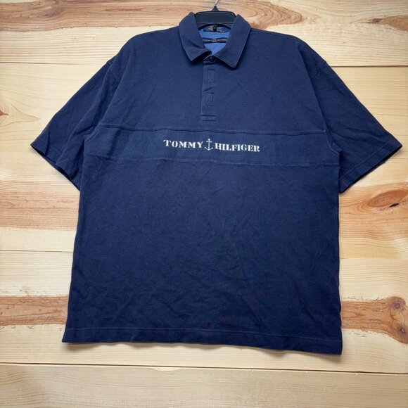 Vintage Tommy Hilfiger Polo Shirt Mens XL Blue Navy Anchor Boating Nautical Knit - Picture 2 of 11